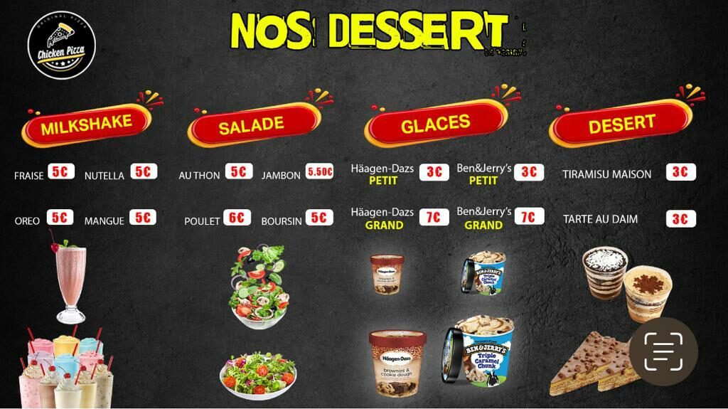 Menu Chicken pizza - nos desserts